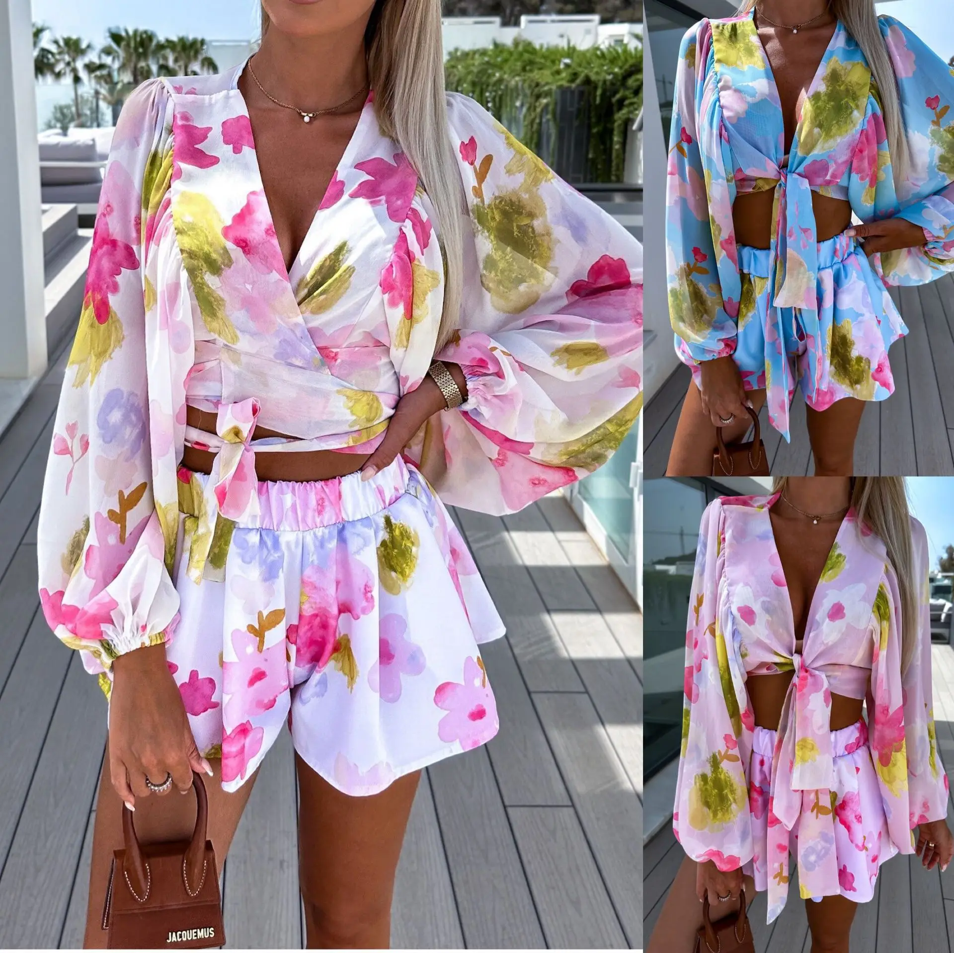 Chiffon Short Sets Women Sexy Deep V-neck Lantern Sleeve Leace-up Cropped Top And Shorts Two Piece Set Fashion Casual Beachwear