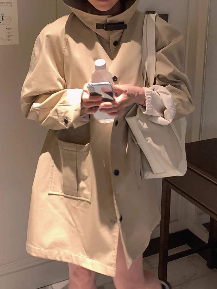 

Chic Briti Sle Hooded Mid-Length Oversized Coat Jaet Women's Faion Autumn New Sle Commute Korean Version Windbreaker