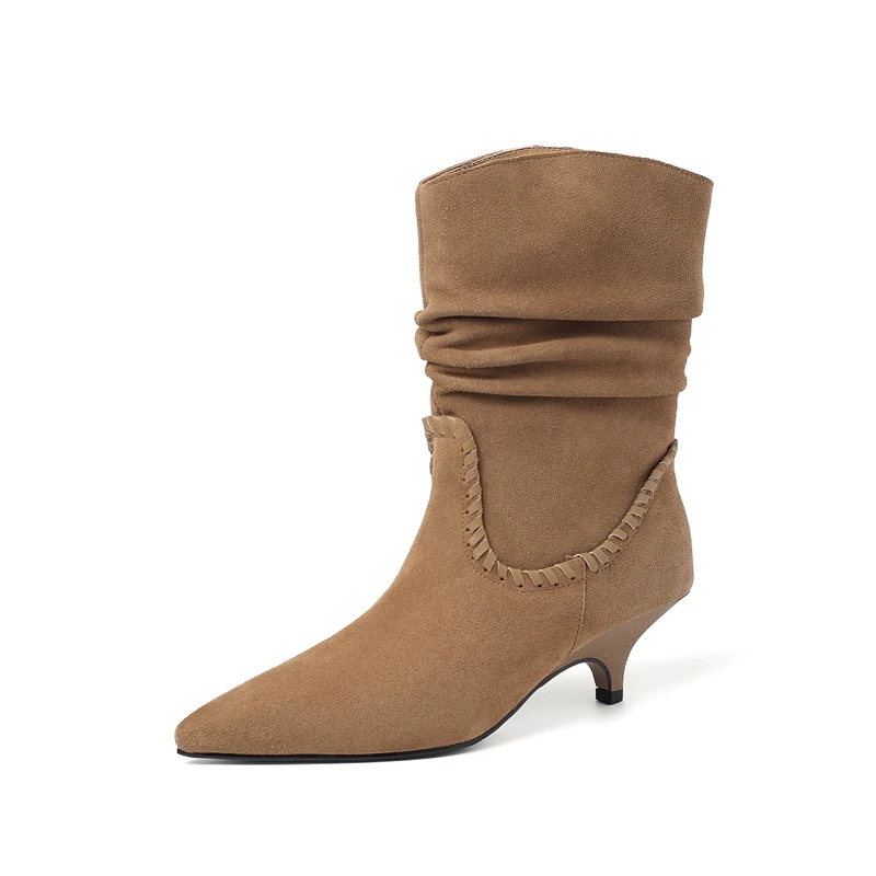 2026 Autumn Brown Cow Suede Pleated Short Boots Pointed Toe Pull-on Middle Heel Western Boots Large Size Fashion Women's Boots