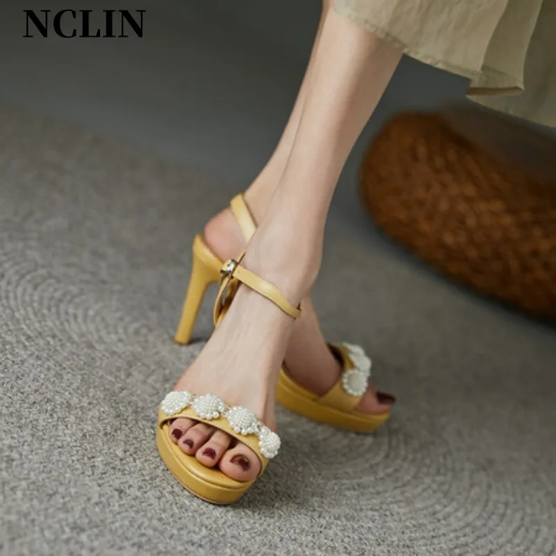 New 2024 Summer Sandals Women Shoes Round Toe Thin Heel Sandals Solid High Heels Genuine Leather Shoes for Women Party Shoes