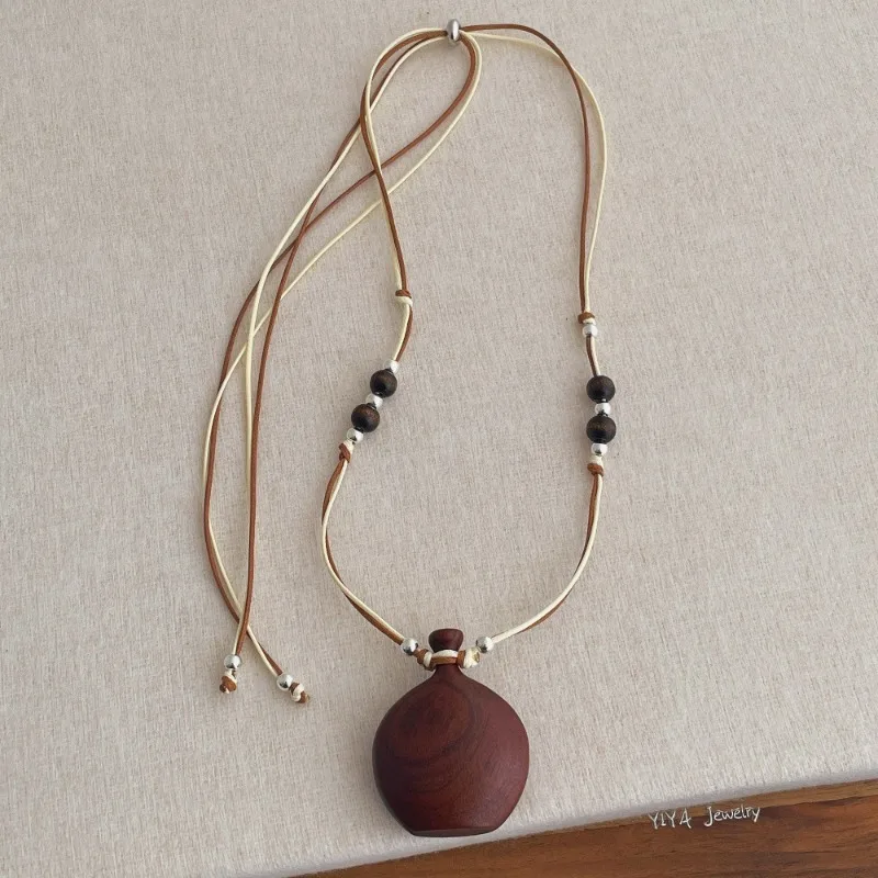 مينار العصرية البني الأسود اللون الخشب الطبيعي الأبنوس الإبريق قلادة القلائد مزدوجة الطبقات ضبط حبل سترة سلسلة للنساء #3