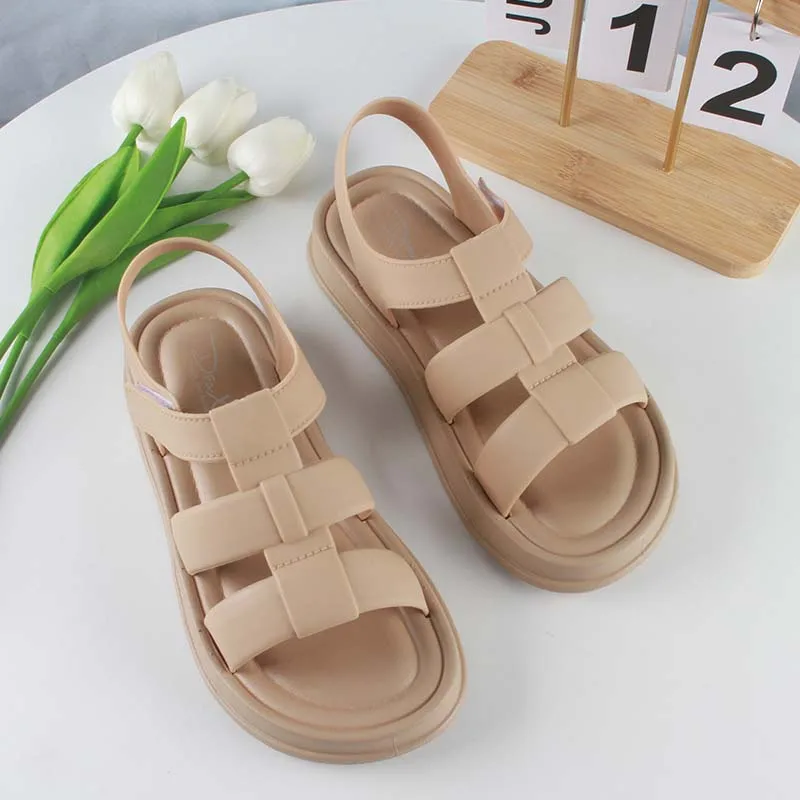 Women Fashion Summer PVC Sandals Hollowed Out Solid Color Flat Beach Shoes Casual Velcro Women\'s Shoes