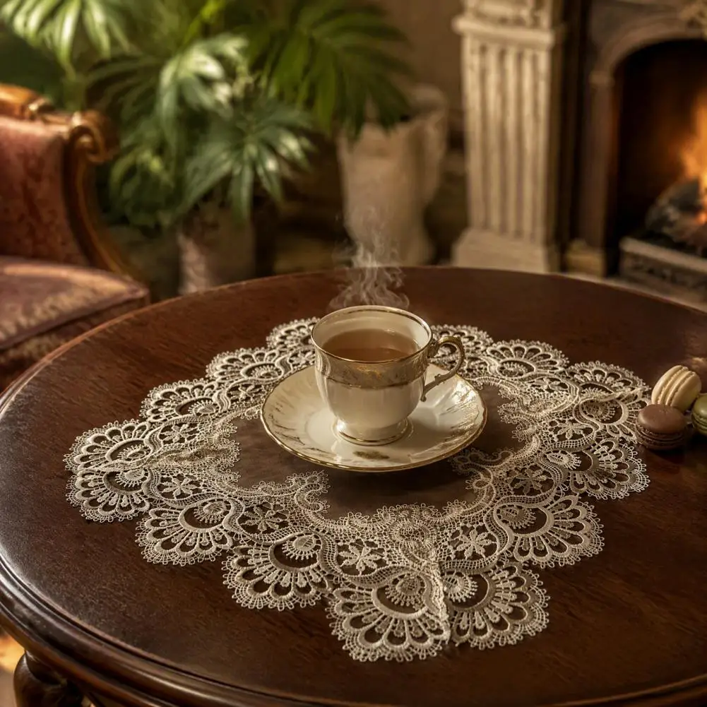 Square Lace Placemats Waterproof Table Covers Retro Lace Edge Square Placemat Waterproof Faux Leather Table Mat for Home