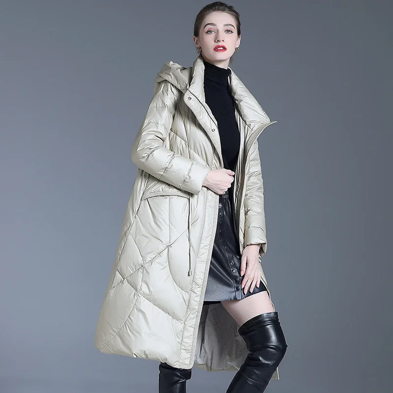 

Winter Chic White Duck Down Jacket Woman Thicken Warm Medium-length Puffer Jacket Hooded Drawstring Slim Long Parka Woman Coat