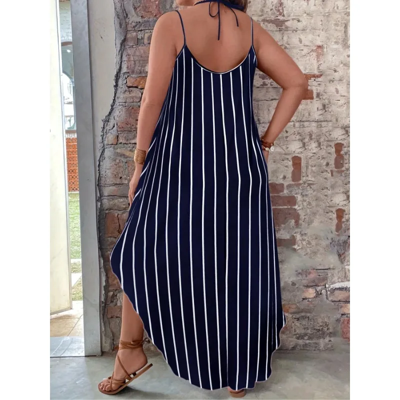 Plus Size 1XL-5XL Women's Fashionable Slim Shoulder Strap Striped Printed Casual Comfortable Suspender Dress