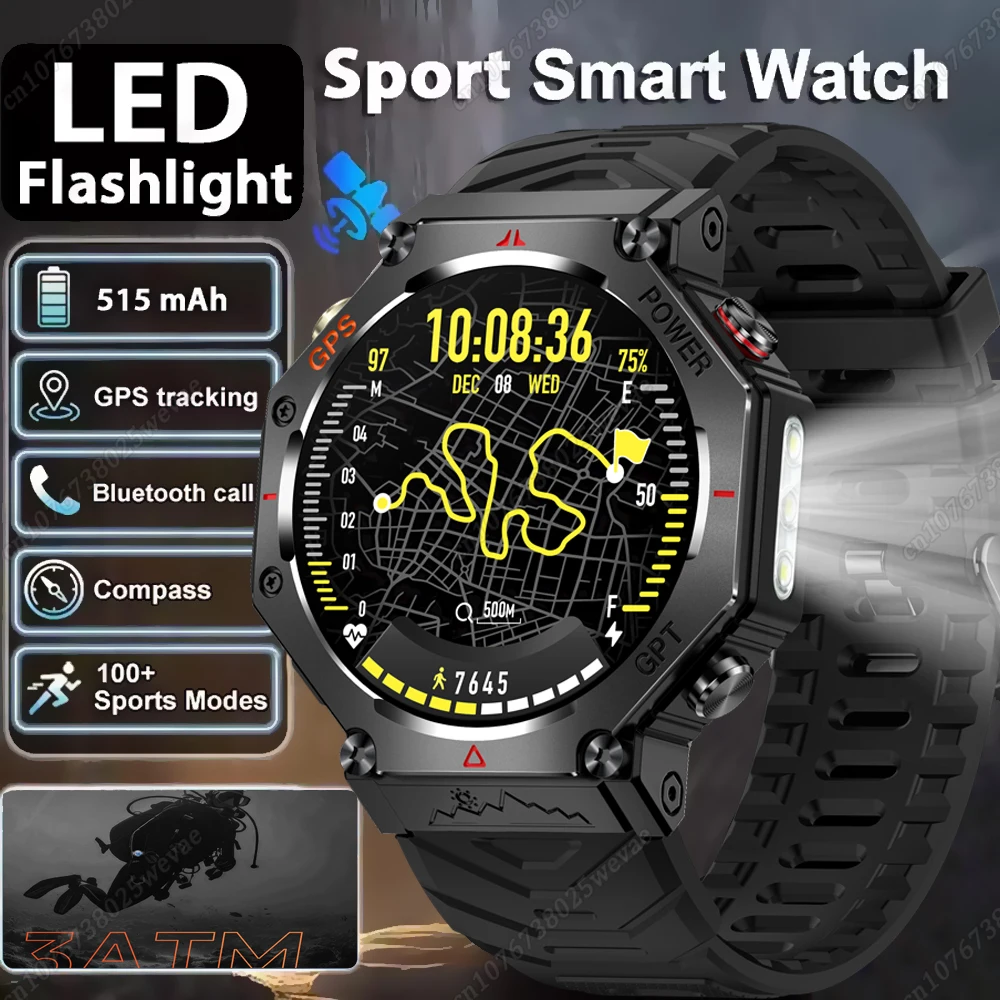 New Outdoor GPS Smart Watch for Android IOS Military Smartwatch LED Flashlight Men 3ATM Waterproof 100+ Sport Modes Built-in GPS