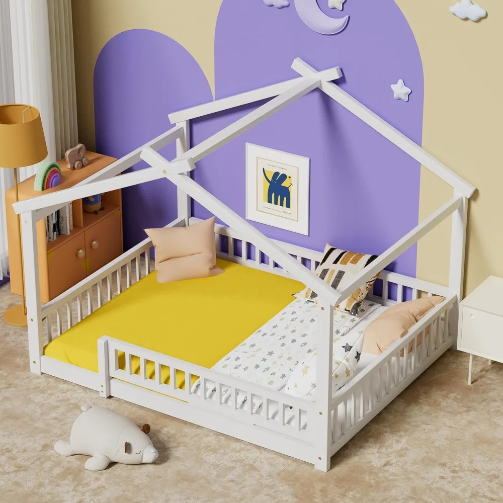 سرير أرضية كاملة مع درابزين أمان، سرير أرضية مونتيسوري خشبي مع سقف، إطار سرير مونتيسوري للمنزل مع شرائح، بدون صندوق Spr #3