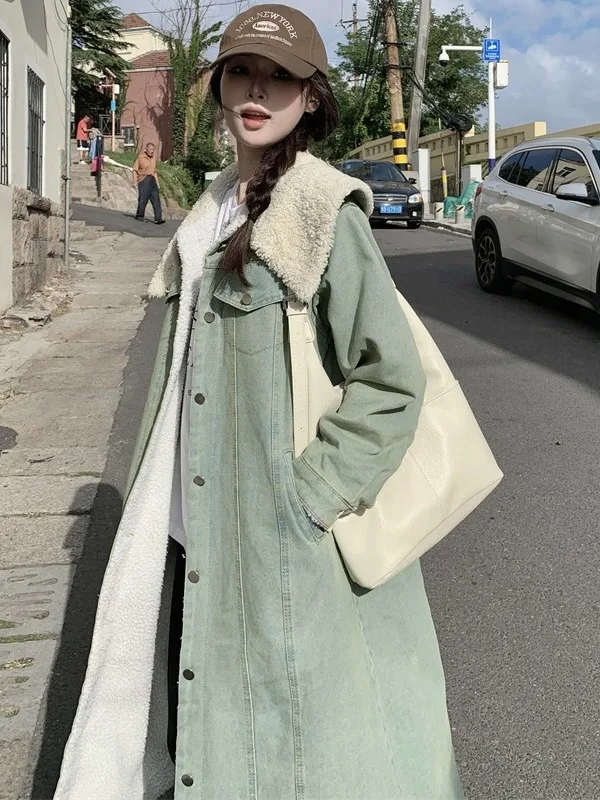

Winter Thiened Retro Lapel Long Lamb Fur Vestige Sle Denim Jaet High Slimming Coat Trendy Korean Loose Fit Long Sve