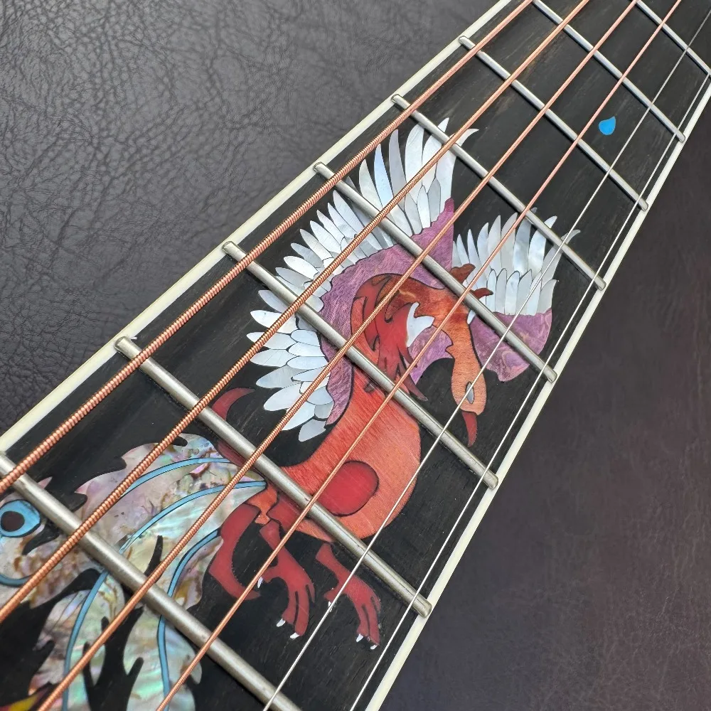 US Local Fast Dispatch Vintage Yellow Ice-fire Acoustic Guitar, 6 Strings, Fixed Black Wooden Bridge, Solid Wood, Ebony Fretboard, Abalone Dragon & Flame Inlay, Full Abalone Multi-Layer Binding, Handmade Custom Dragon Pattern Folk Guitar
