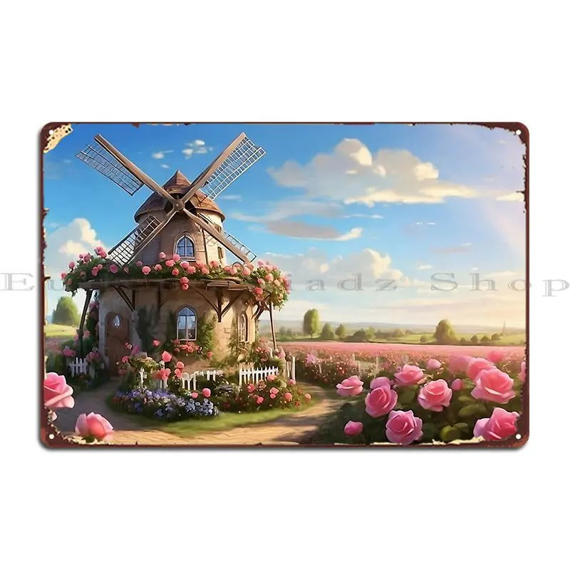 Pintura al óleo de Rosa mágica en jardín de granja con molino de viento, cartel de placa de Metal, decoración de pared personalizada, cartel de estaño para garaje