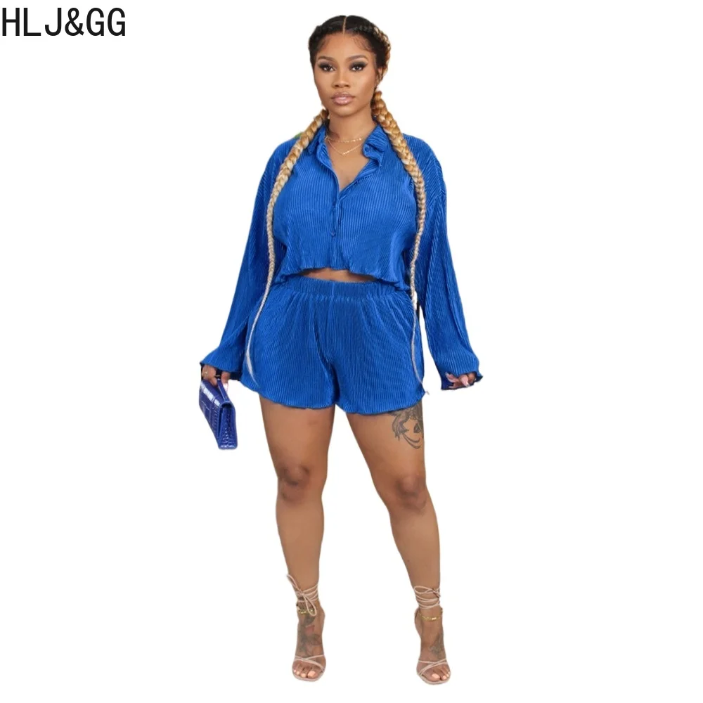 HLJ&GG Casual Solid Loose Shirt Two Piece Sets Women Turndown Collar Button Long Sleeve Shirt And Shorts Outfits Female Clothing