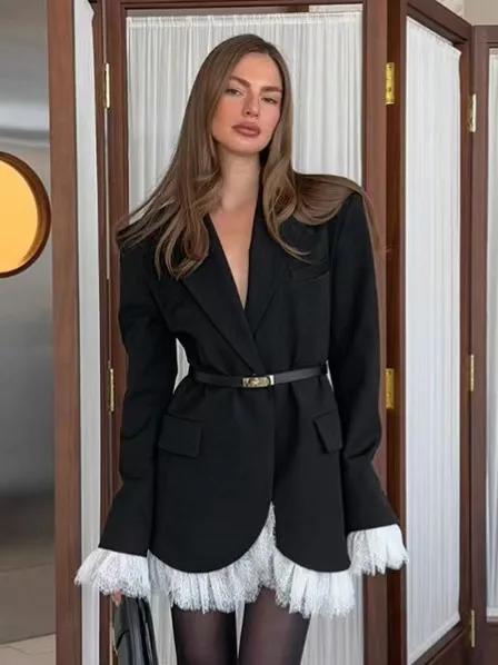 

Ele Bla Lace Trim V-Ne Dr Faionable Ladylike Sle ort A-Line Skirt Long Sve High Waist Suit Dr