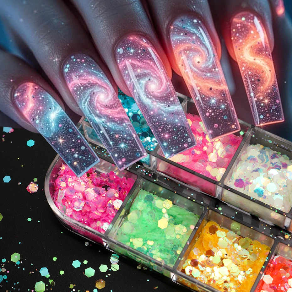 12 Grids Rainbow Luminous Nail Art Glitter Glow in The Dark Holographic Chameleon Hexagon Nail Sequins Manicure Supplies
