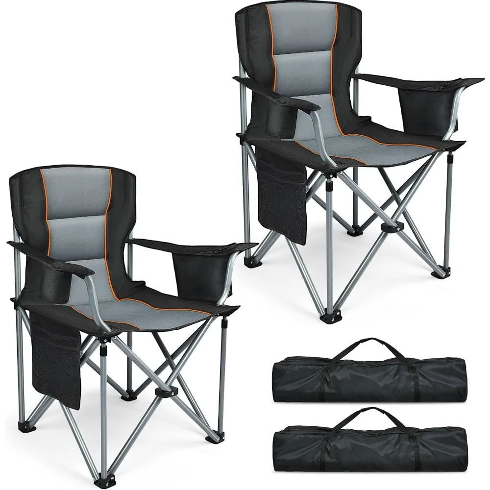 Heavy Duty Padded Folding Chairs 2-Pack with Cup Holder, Cooler Bag, Pocket, Supports 400 LBS, Carry Bag, Great for Outdoors