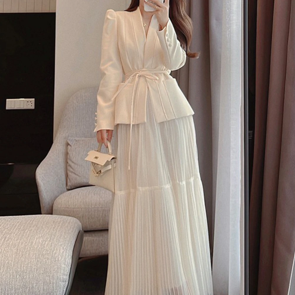 STEVDITG Women Elegant Skirt Suit Mother of The Bride Wedding Guest Dress 2-Piece V-neck Formal Clothes Lace-Up Blazer Sleeves