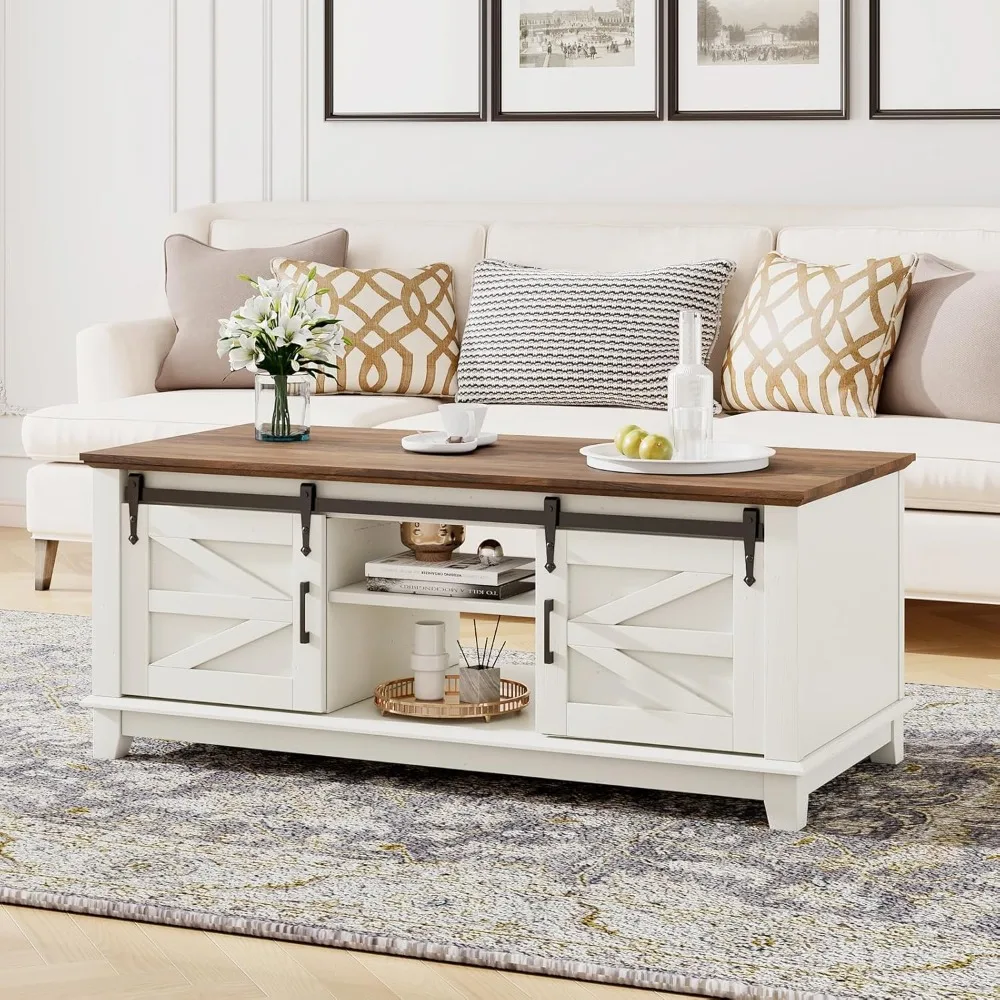 

Журнальный столик в фермерском доме с раздвижными дверями для сарая, 48-дюймовый стол для гостиной с регулируемыми полками для хранения, прямоугольный деревянный стол в деревенском стиле