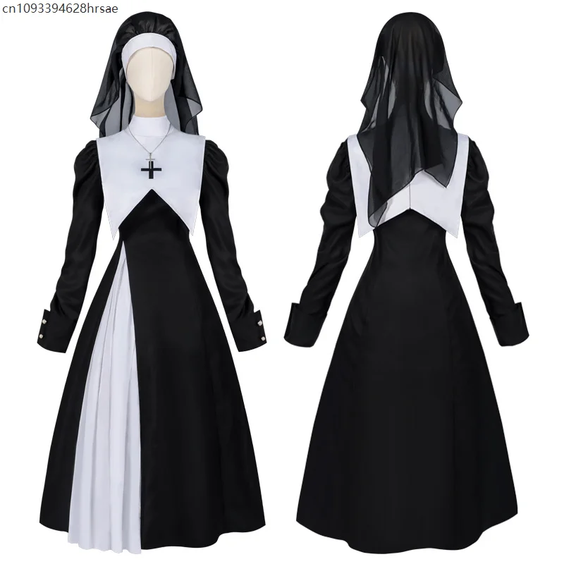 

Women Halloween adult nun cos costume Medieval Sister Cosplay costume cross dark gothic stage role play vampire Horror Outfit