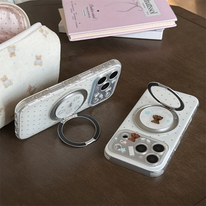 Cute Kawaii White Polka Dot Phone Case For iPhone 17 16 15 14 Pro Max Bunny Bear Magnetic Ring Holder Protective Cover for Girls