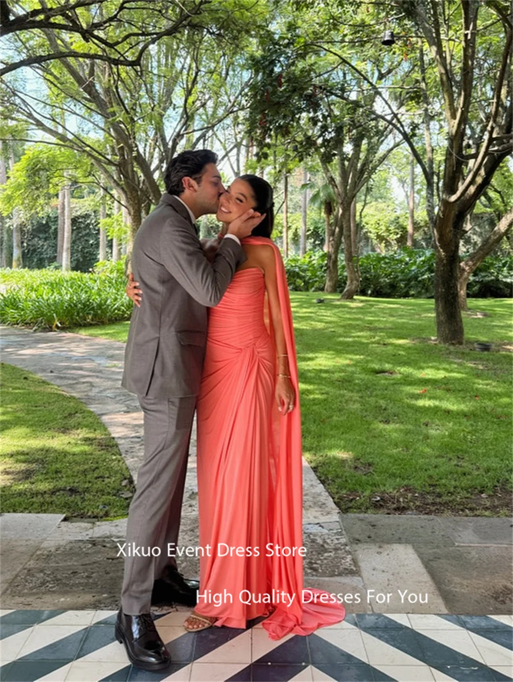 Xikuo Coral Pink Ribbons Evening Dress Floor Length Chiffon 2025 Party Dresses Pleated Sweetheart Vestidos De Fiesta Customized