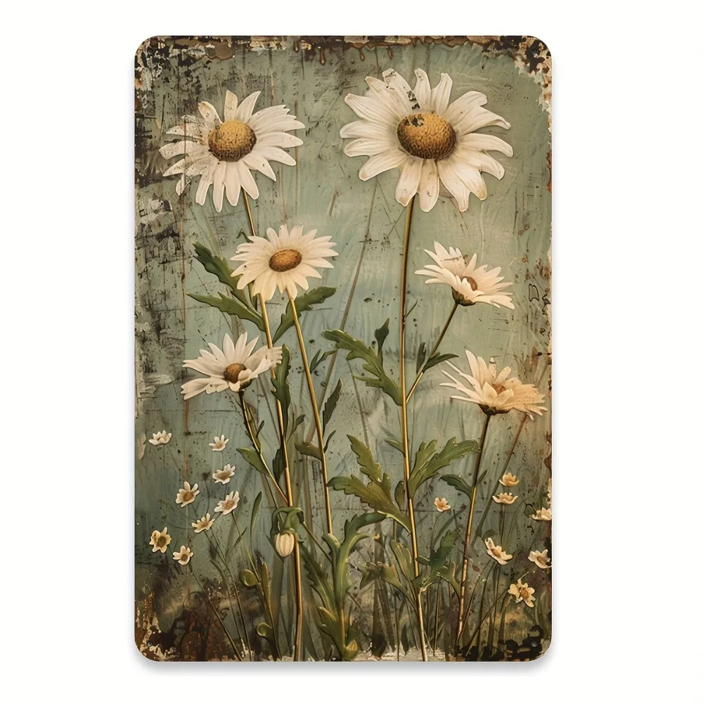 （2D Tin painting）Vintage White Daisy Metal Tin Sign, Rustic Weathered Wall Art for Home and Cafe, 8x12 Inch