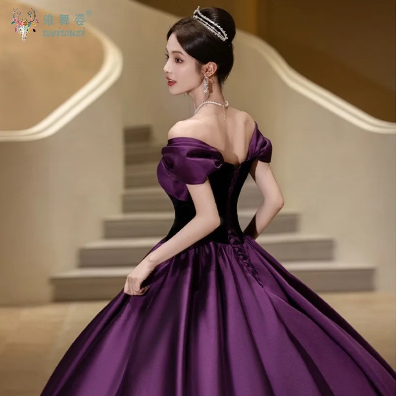 Vestido largo de noche de fiesta para mujer, elegante vestido morado de satén negro con cuello barco y hombros descubiertos, traje de actuación de concierto