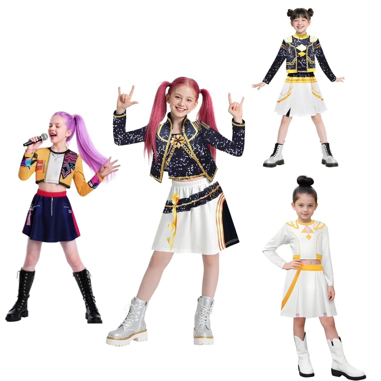 

Huntrix Rumi Zoey Mira Kpop Costume Gilrs Print Tops With Skirt For Children Party Halloween Carnival Demon Uniform Outfits