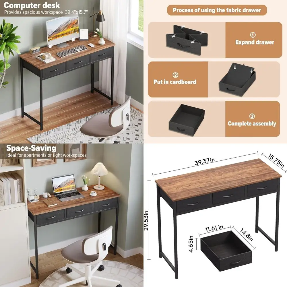 

Compact 39.3 Vanity Desk with Drawers, Storage-Friendly Home Office Desk for Small Spaces, Modern Rustic Brown Writing, Study, a