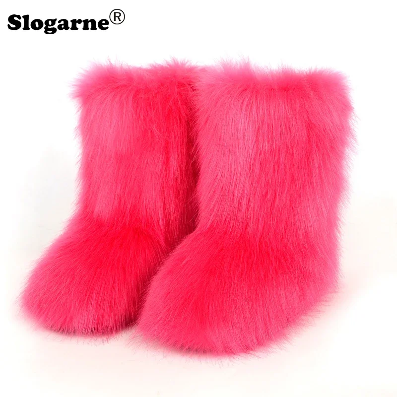 Ladies Sexy Faux Fox Fur Boots Women Fluffy Fur Snow Boots Female Winter Warm Plush Platform Shoes Furry Fur Bottes Luxury Boots