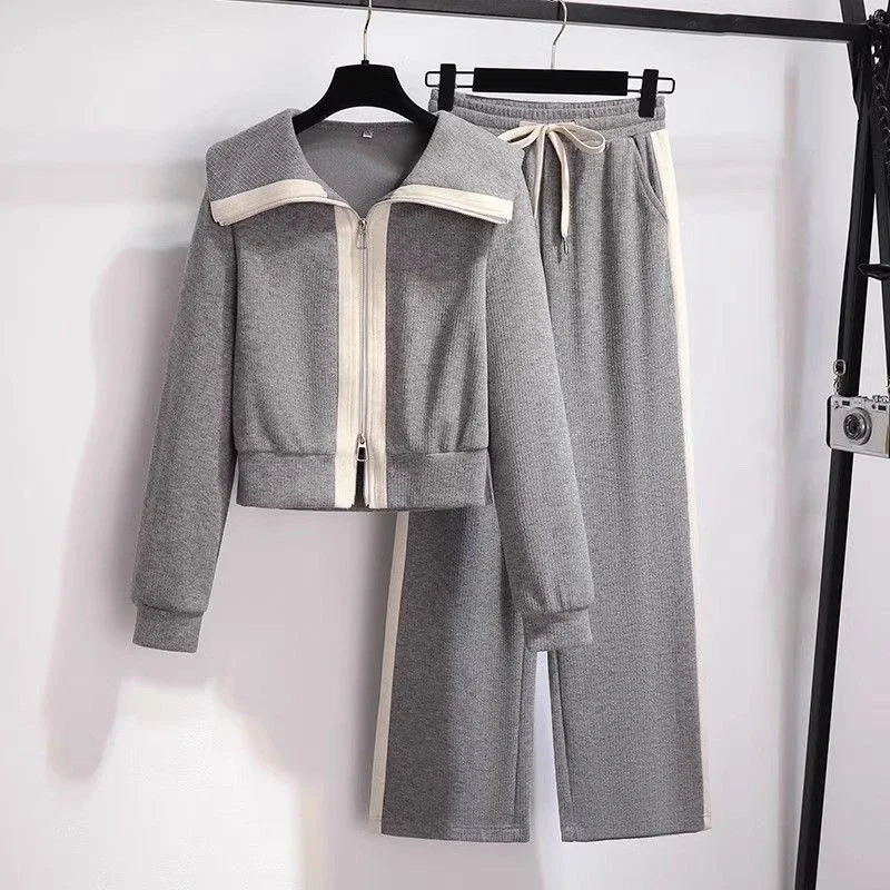 

Кардиган на молнии с длинными рукавами и лацканами, контрастный топ, повседневный свободный модный брючный костюм с широкими штанинами