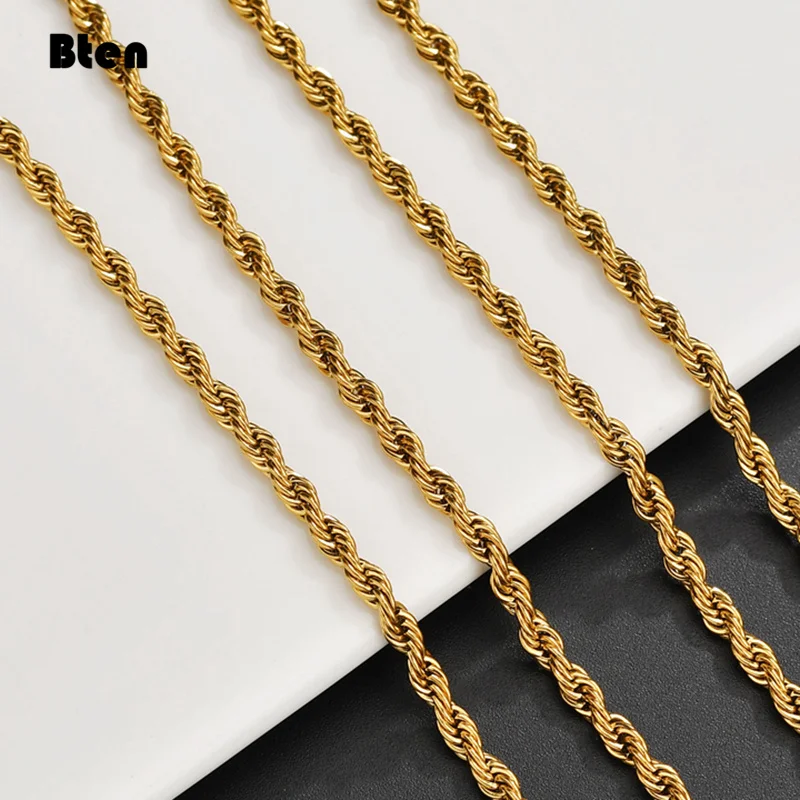 BTEN 1 piece Gold Color Width 2mm/3mm/4mm/5mm/6mm Rope Chain Necklace/Bracelet For Men Women Stainless Steel Chain Necklace