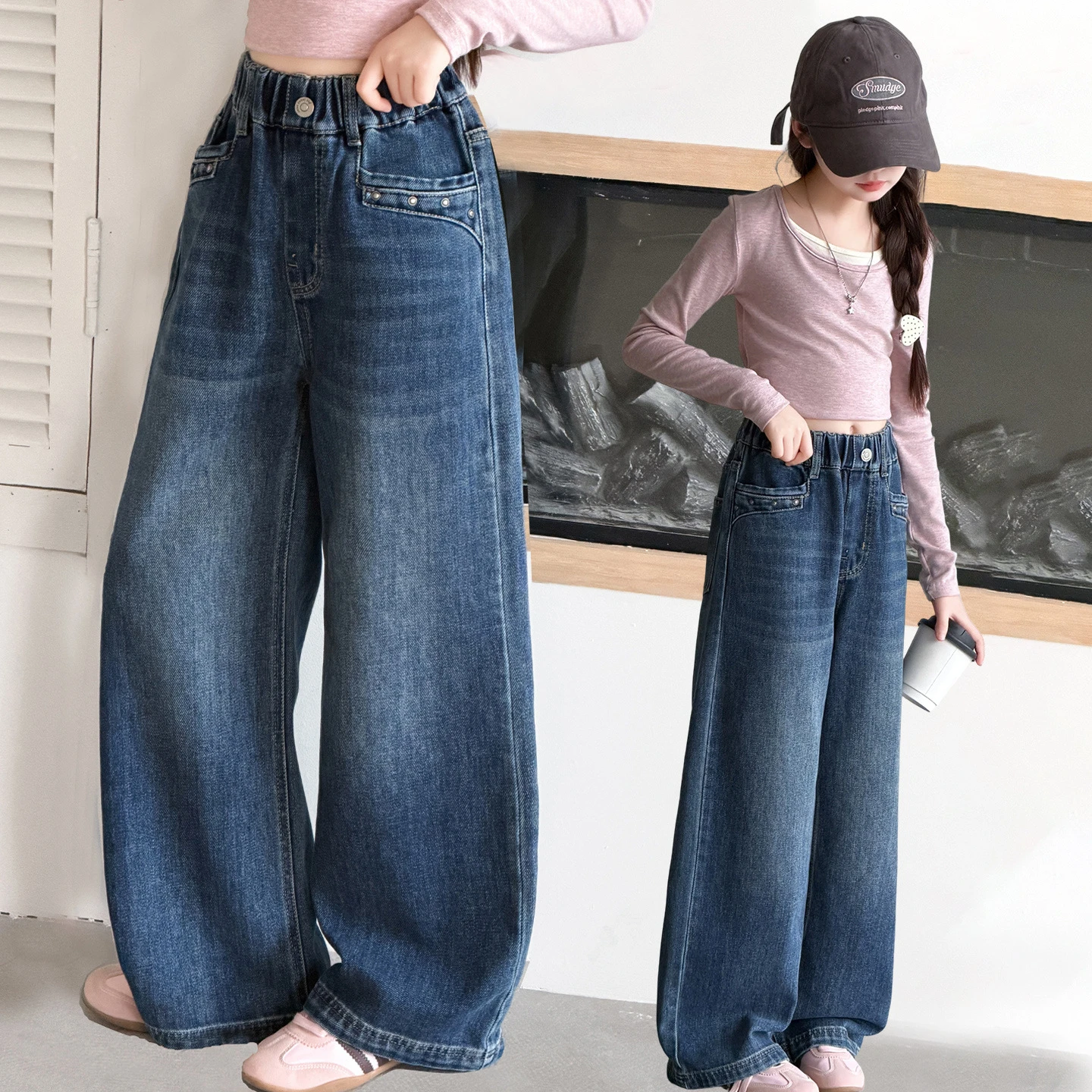 Children Vintage Blue Straight Jeans For Girls New Spring Slim Loose Denim Pants Kids Teenager Casual Jeans Trousers