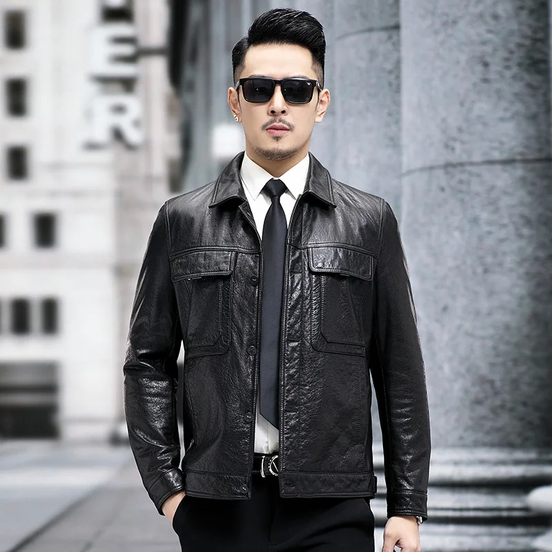 Winter New Men's Short Fashion Cowhide Jacket Brand Male Lapel Coats Plus Size Men Motorcycle Genuine Leather Pocket Overcoat