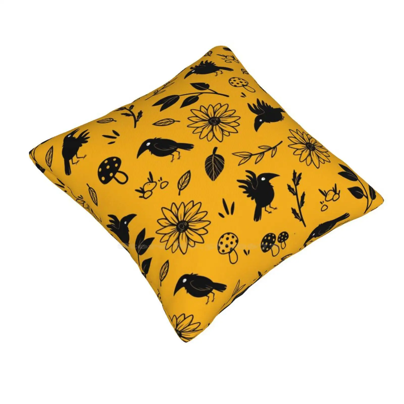 Crows And Foliage Pillow Cover Hug Pillowcase Crow Raven Black Nature Foliage Flowers Mushrooms Leaves Leaf Forest Pattern