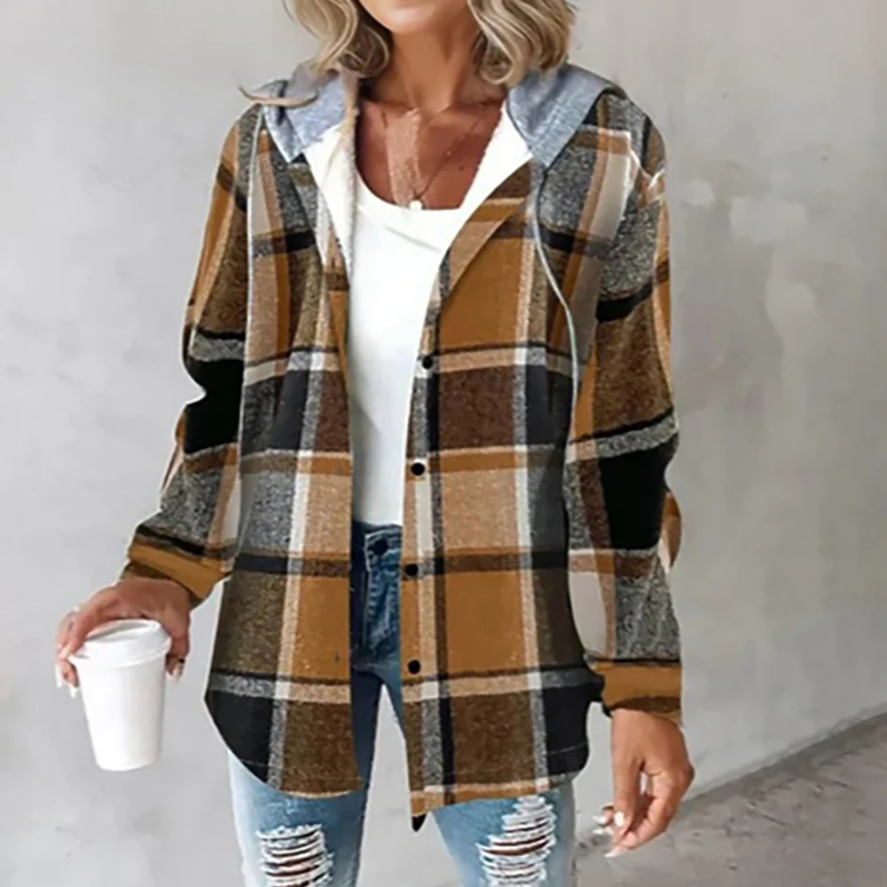 

Women's Plaid Stripes Hooded Jacket Single-Breasted Cardigan Loose Autumn Winter Outerwear For Female Keep Warm Fashion Jackets