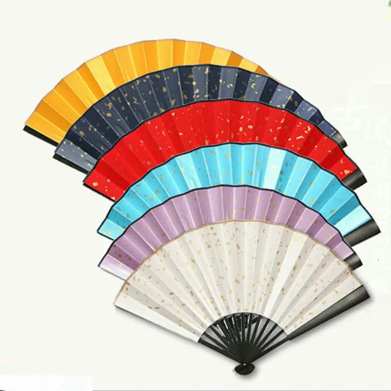 

Custom Large Rainbow Rice Paper Fan Decoration Chinese Bamboo Folding Hand Fans Purple Blue Gold Red Black White Paper Fan