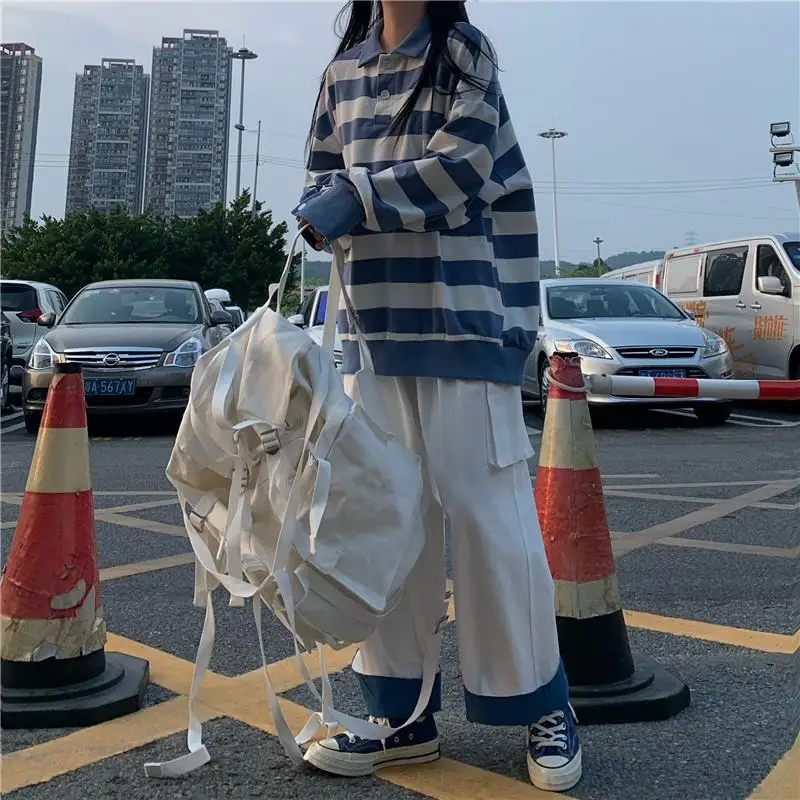 New female student Korean style autumn new Harajuku striped sweatshirt color matching workwear wide leg pants two piece set y2k