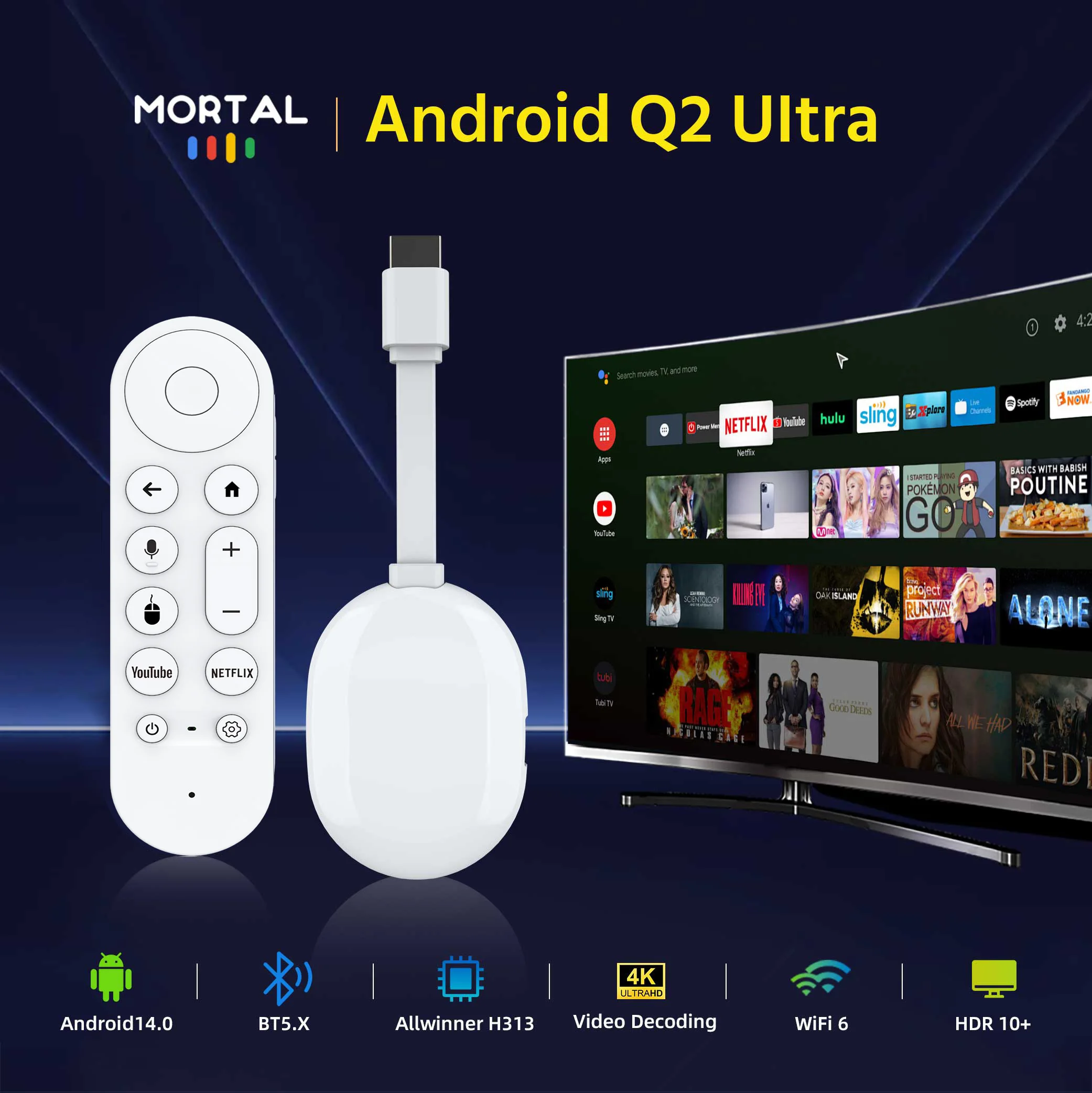 

Глобальная версия Android 14.0 Mortal TV Stick Q2 Ultra BT5.X WIFI6 Потоковое беспроводное HDMI Многоязычный ТВ-ключ Allwinner H313