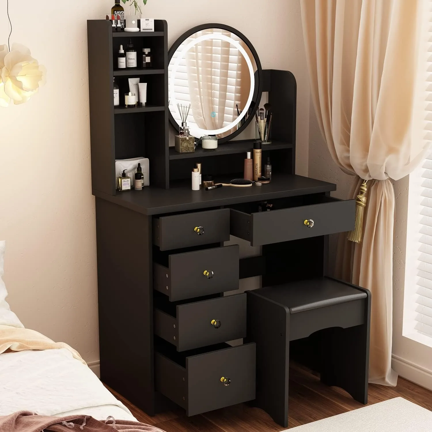 Vanity Desk Set with LED Round Mirror, 5 Drawers, Shelves, Cushioned Stool, Black Makeup Table