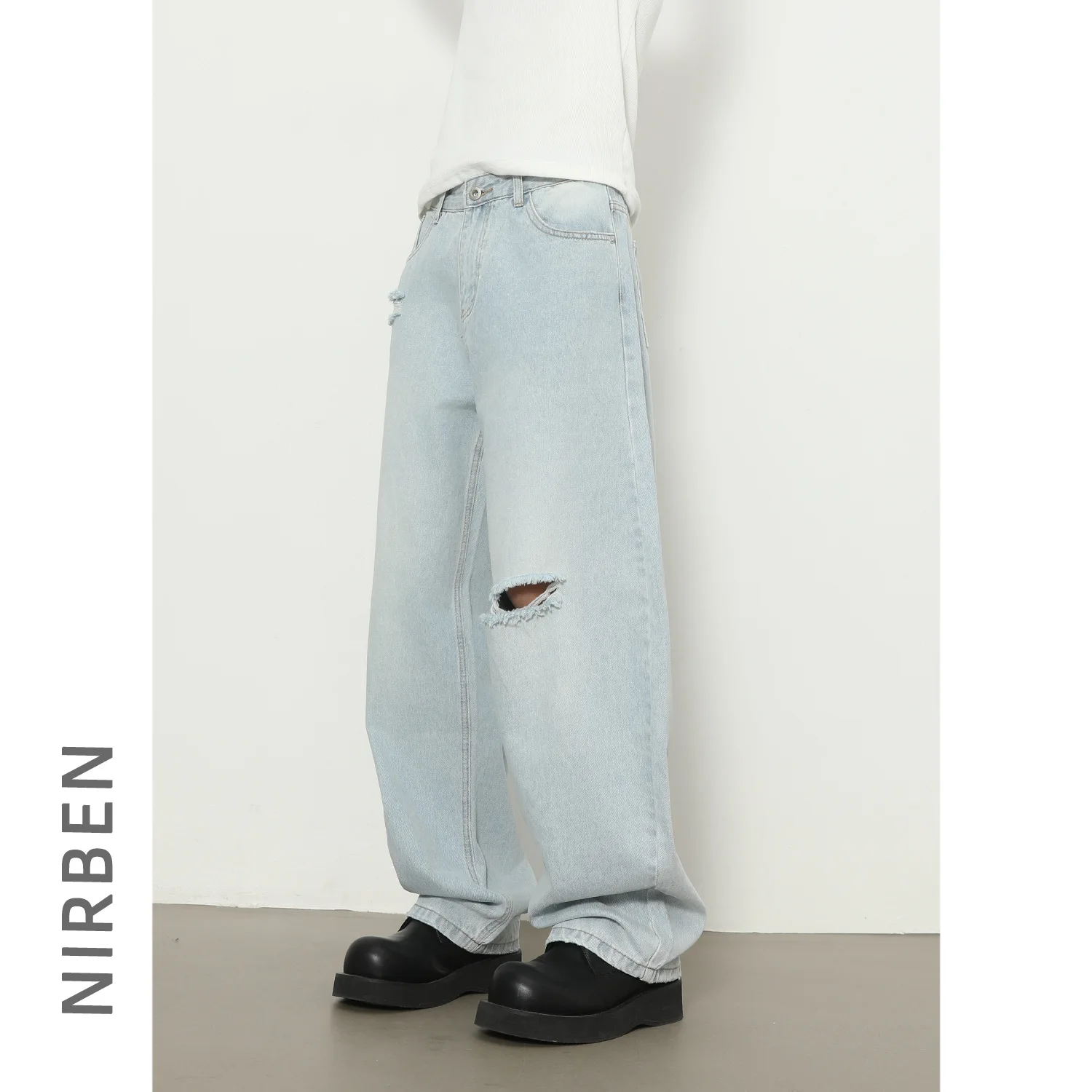 American New Ripped Machete Wide-leg Jeans Design Loose Straight Versatile Trousers