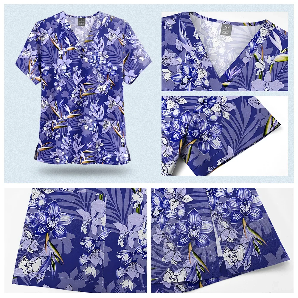 Butterfly Print Nurse Uniform Women Short Sleeved V-neck Surgery Tops Healthcare Pockets Blouse Overalls Female Uniforme Clinico