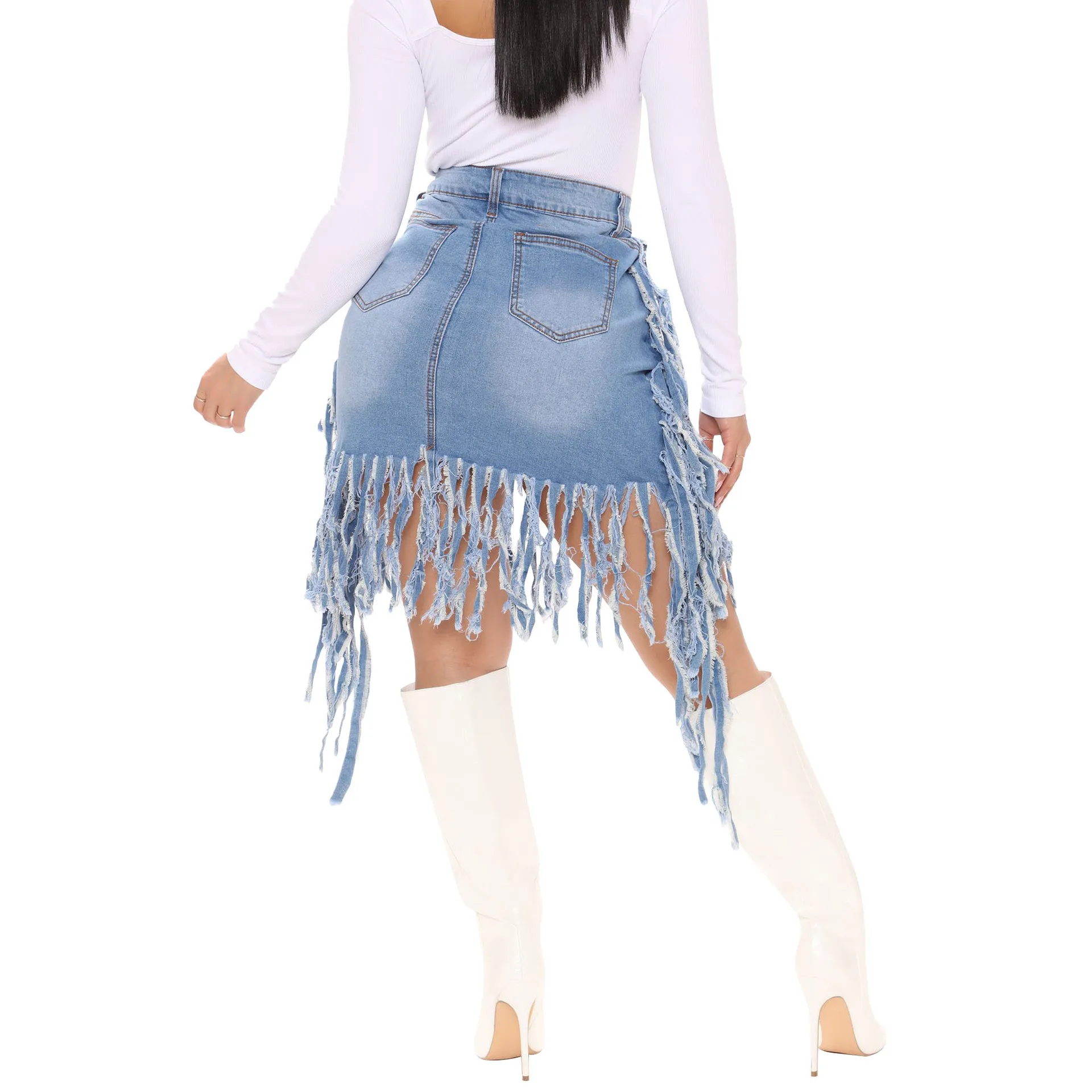 デニムスカート レディース Aライン タッセル スプライス ミニスカート スリムフィット ヒップラップ ボタン エレガント スプライス ウォッシュドジーンズ ハイウエスト 夏