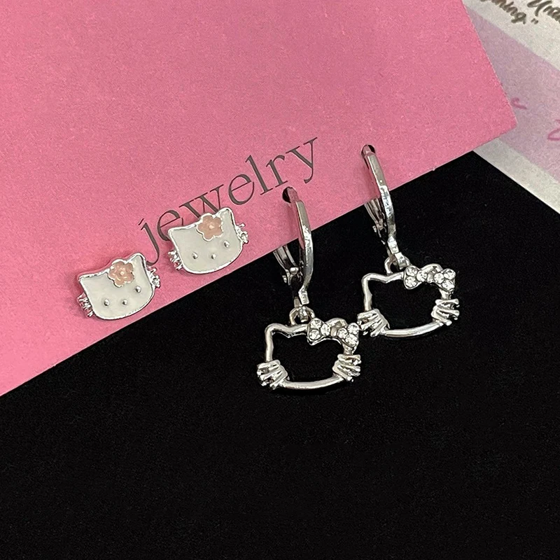 Kawaii Sanrioed Hello Kitty Earrings Student Spice Girl Harajuku Style Diamonds Korean Style SweetLovely Girl Ear Clip Gift