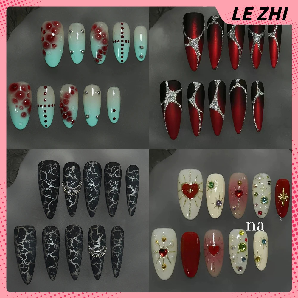 

10Pcs Dark Spice Girl Handmade Almond Stiletto Reusable Press On Nails Colorful Diamond Cat Eyes Bowknot Leopard Print Fake Nail