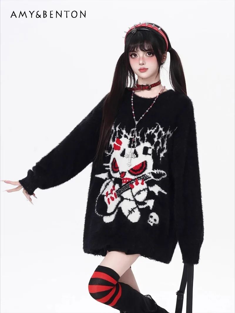 

Street Rock Cartoon Print Soft Knitted Pullover Round Neck Loose Versatile Sweater Women Autumn Winter Sweet Cool Girl Sweaters