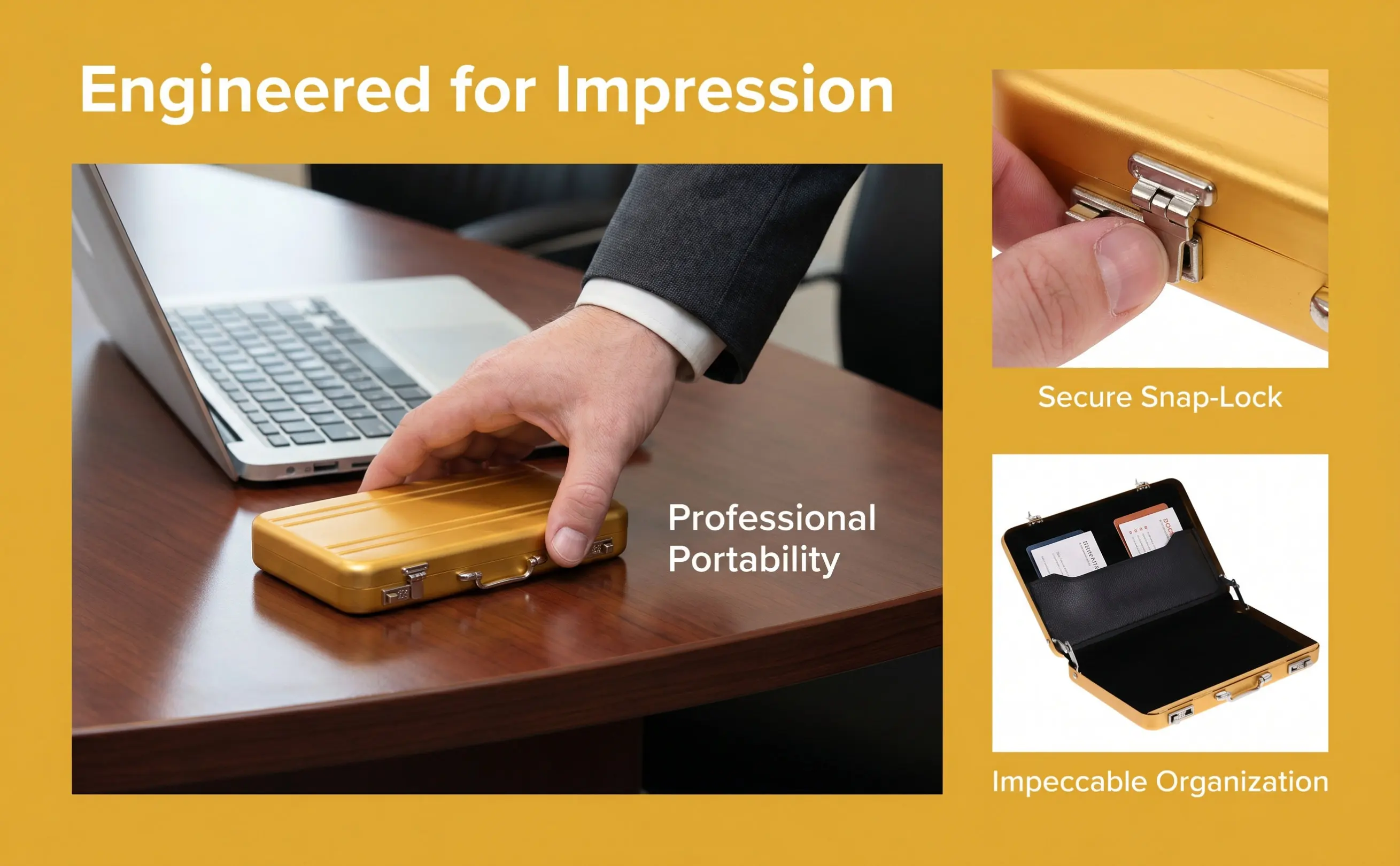 Business Cards Box Aluminum Metal Mini Briefcase Solid Card Holder Desktop Organizer Index Card Container Secure Snap Closure