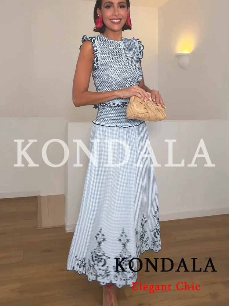 KONDALA Women Trendy Elegant Embroidery Blue Skirt Set  Casual Set Plaid Vest Midi Skirt 2026 Spring Summer Holiday Beach Set view 4
