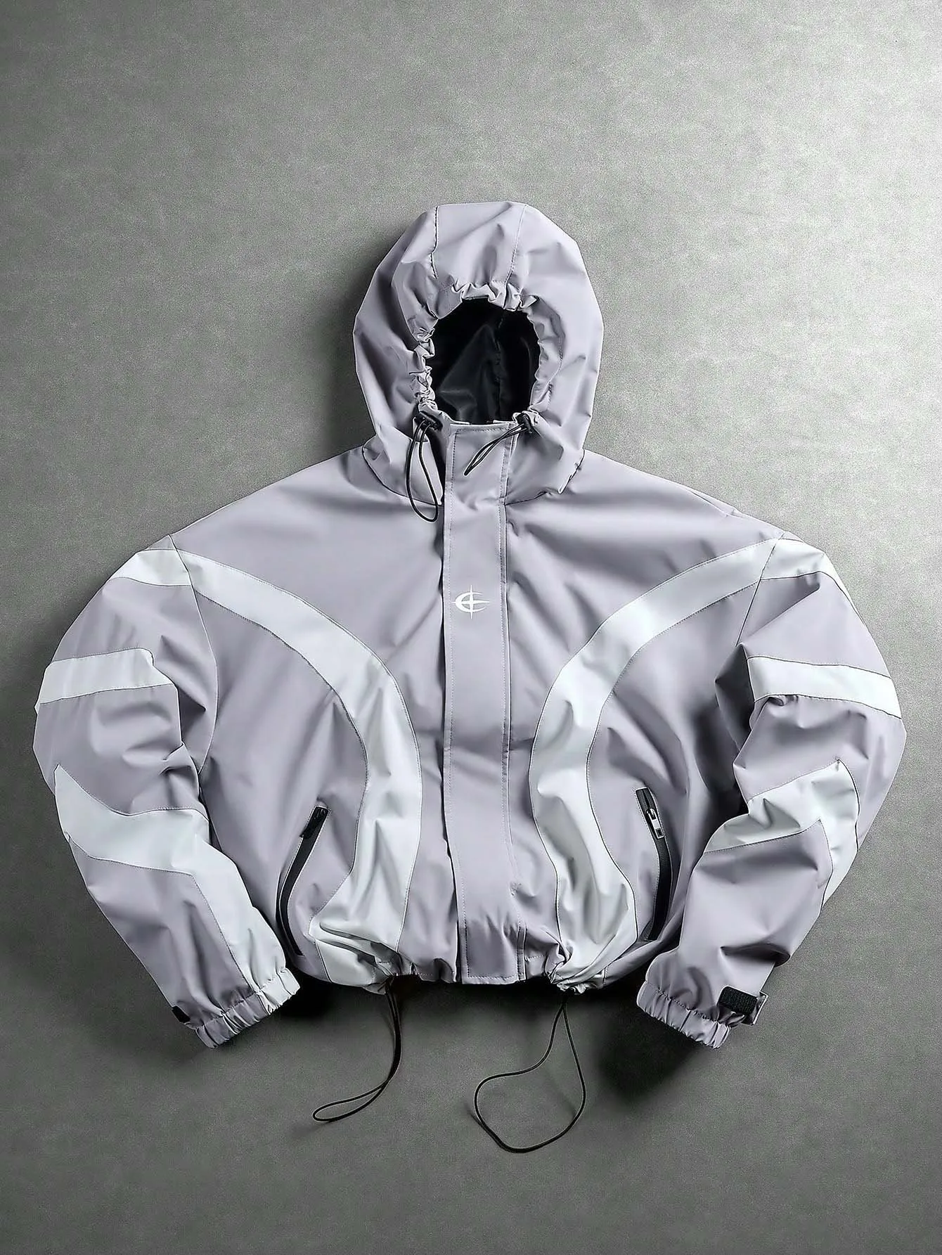 Men Hooded Color Block Windproof Jacket, Chest Printed Logo, Adjustable Hood Cord & Hem Drawstring, Elastic Cuffs, Loose Cropped Fit, Wear-resistant Fabric, Outdoor Casual Coat for Autumn and Winter