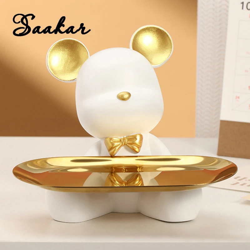 Resin Teddy Bear Tray Storage Decoration Desktop Entry Key Snack Container Home Interior Decor Accessories Cute Animal Objects