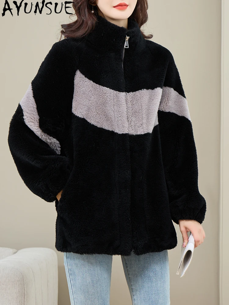 AYUNSUE 100% Naturalna Wełna Damska Kurtka Modna Stójka Granulowane Futro Jagnięce Kurtka Damska Odzież Wysokiej Jakości Abrigo Mujer