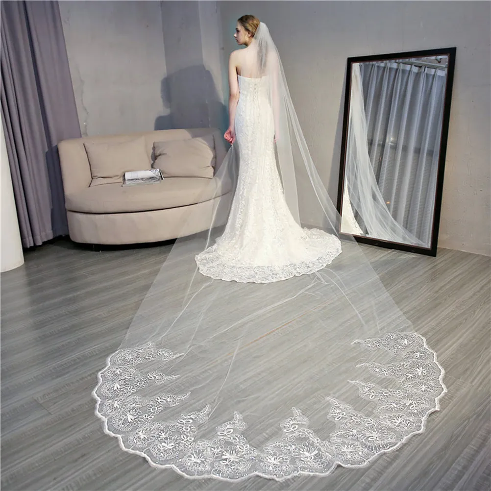 Bride Wedding Veil Floor Length Pure White with Comb Embroidered Sequin Lace Applique Soft Flowy Design